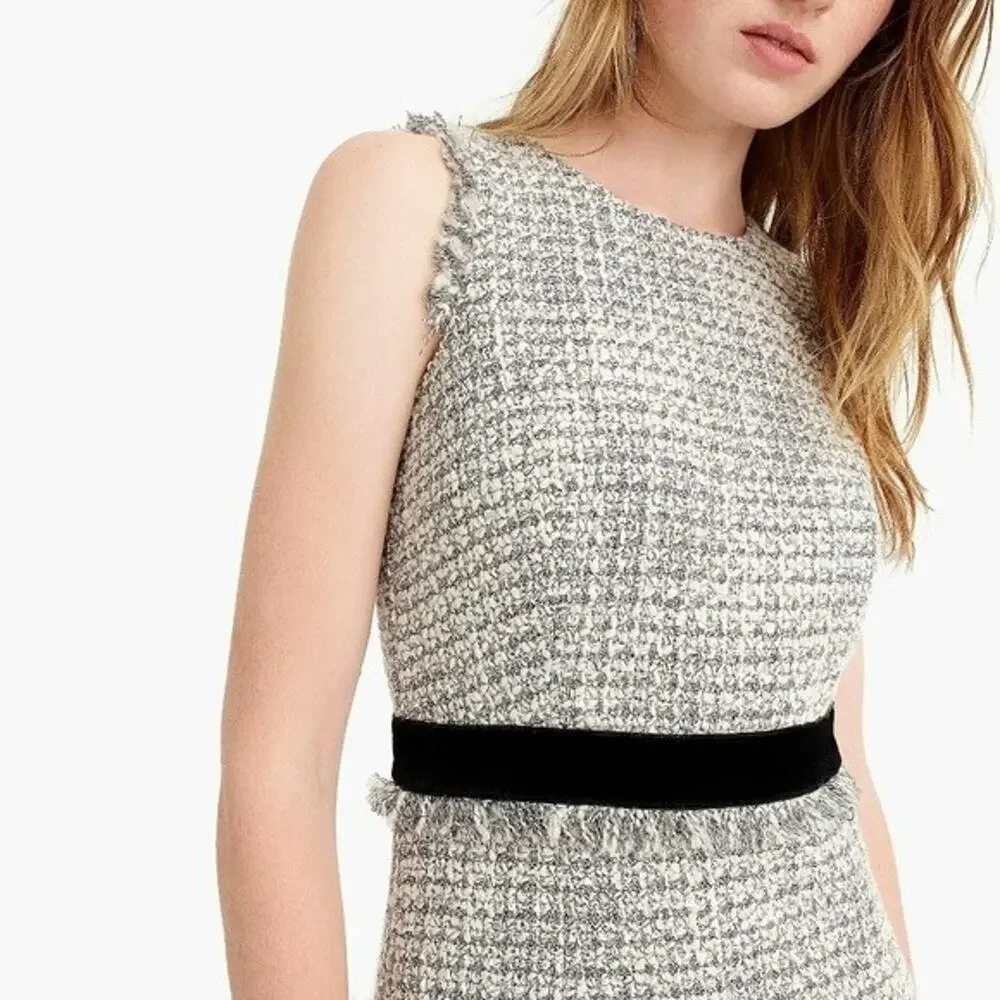 J. Crew Metallic Sparkle Tweed Sheath Dress Sz 10 Silver Velvet Fringe Trim NWT